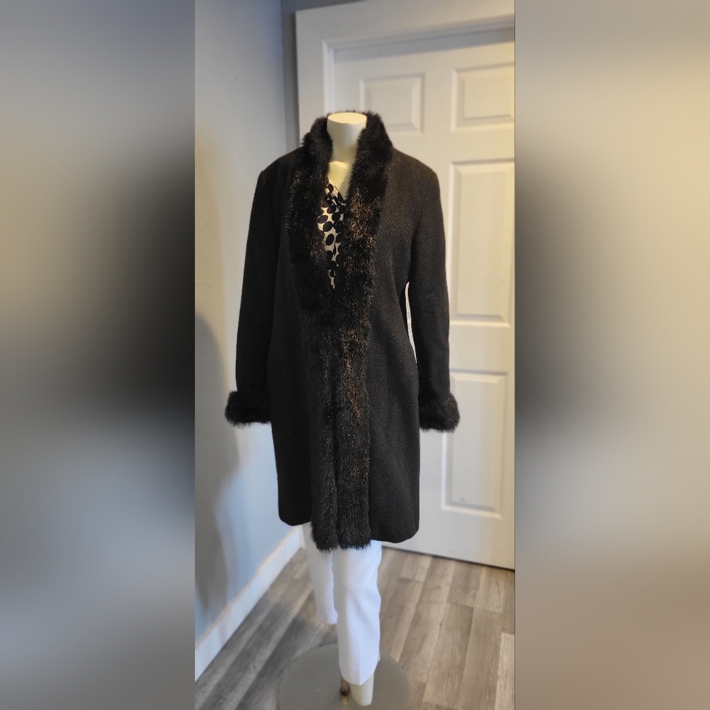 Dennis Basso Black Coat with Faux Fur Collar for Women Sizr M